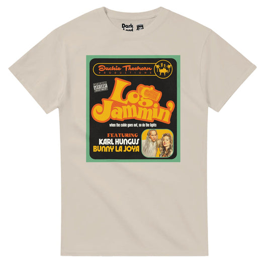 A retro, sand colored vintage off-white t-shirt that says "Log Jammin'" with a log image in the 'g', "when the cable goes out, so do the lights", "Featuring Karl Hungus, Bunny La Joya" and "Jackie Treehorn Productions" with a "Parental Advisory Explicit Content" warning. Includes the image of a graphic with camels and palm trees and an image of Karl Hungus or Uli Kunkel from The Nihilists (played by Peter Stormare) and Bunny Lebowski (played by Tara Reid) who starred in a porn video from The Big