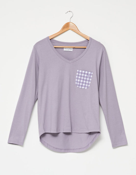 Long Sleeve V-Neck Tee (Lavender/Gingham)