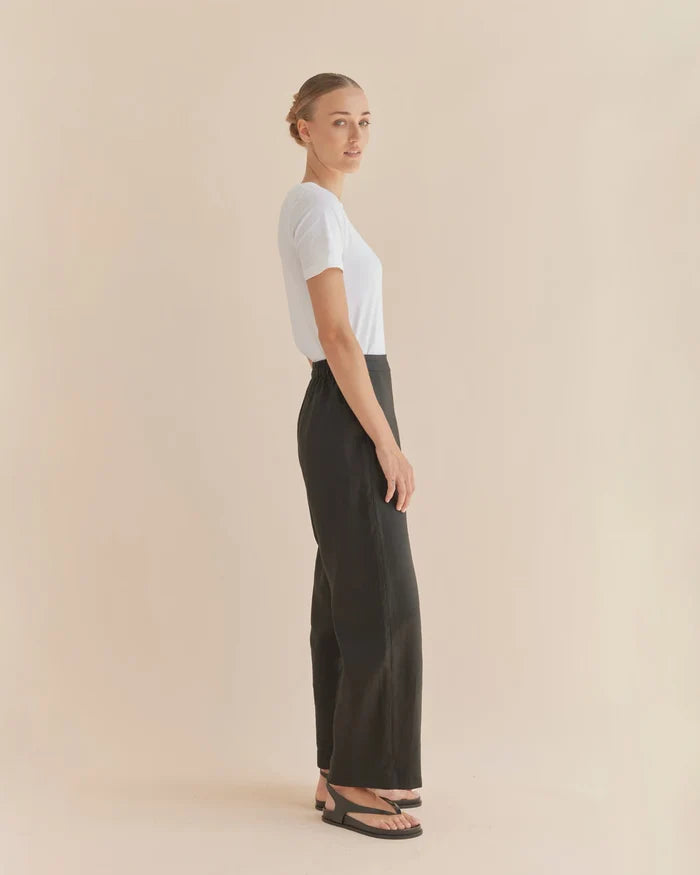 Women’s high-waisted black linen pants | wide-leg elastic waist trousers