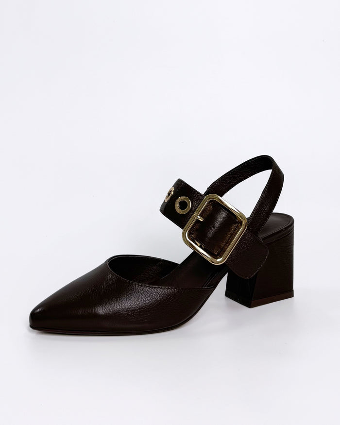 Chocolate Leather Heel with Gold Buckle | Gretel Lane