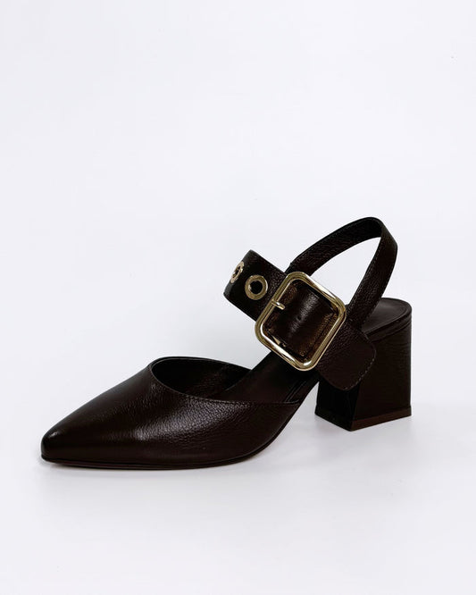 Chocolate Leather Heel with Gold Buckle | Gretel Lane