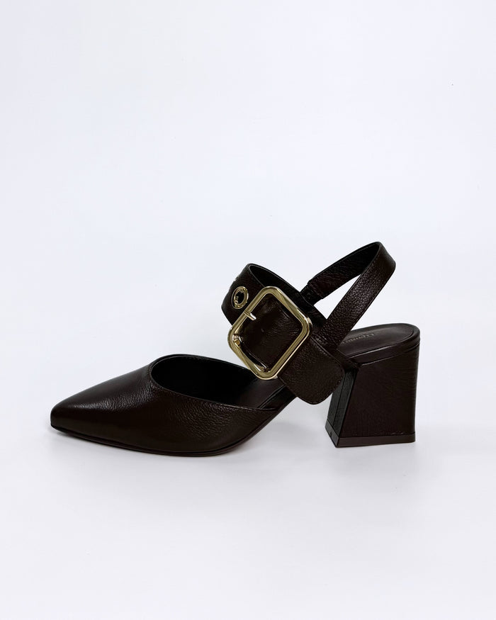 Chocolate Leather Heel with Gold Buckle | Gretel Lane