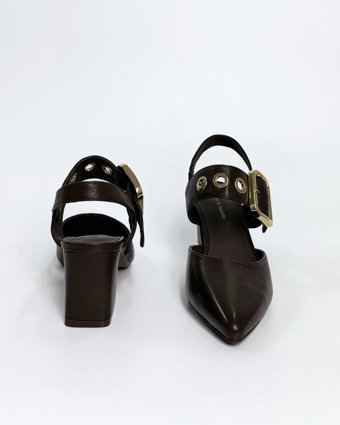 Chocolate Leather Heel with Gold Buckle | Gretel Lane