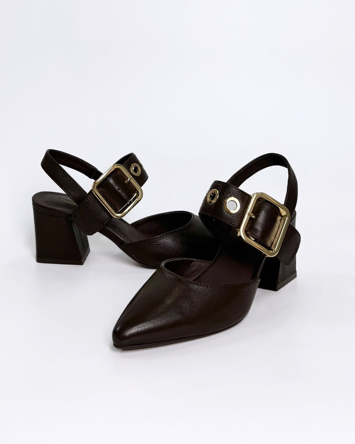 Chocolate Leather Heel with Gold Buckle | Gretel Lane