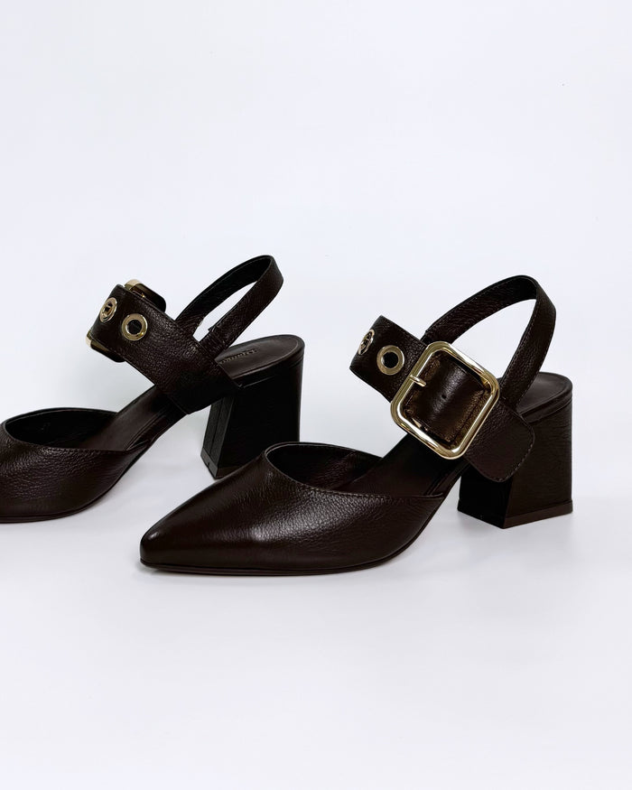 Chocolate Leather Heel with Gold Buckle | Gretel Lane