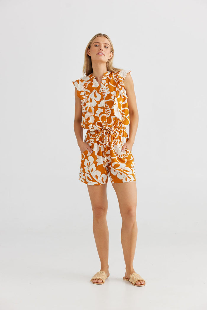 The Shanty Corporation Mandalay 100% linen Jumpsuit Cantina terracotta floral print