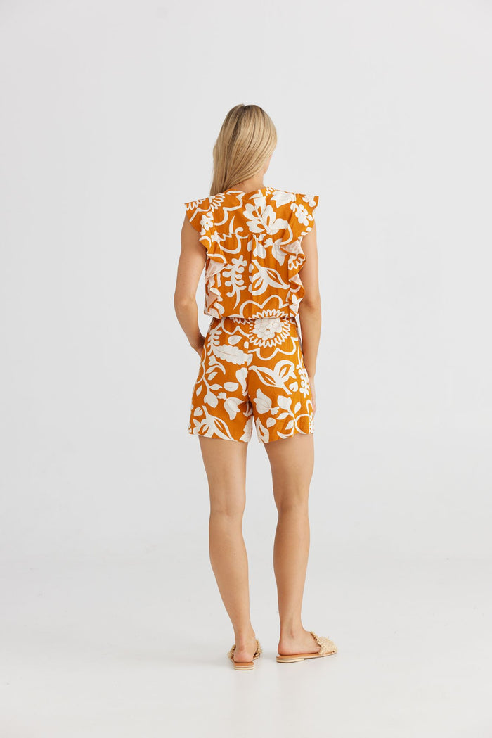 Women's terracotta floral print linen romper summer jumpsuit | The Shanty Corporation
