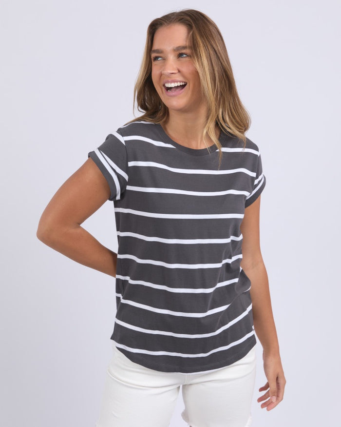 Foxwood Manly Charcoal and White Stripe T-shirt | Gretel Lane