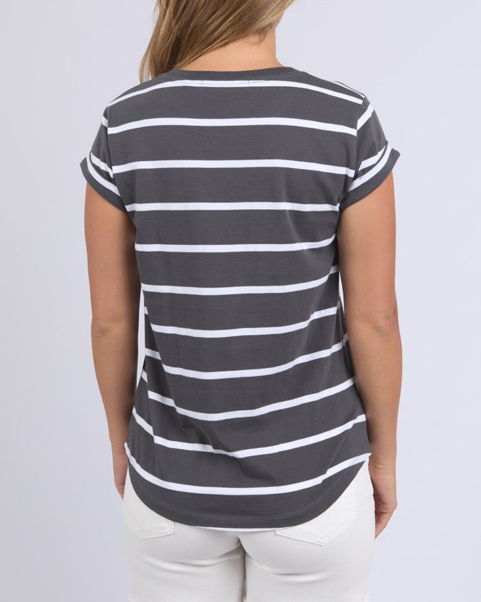 Foxwood Manly Charcoal and White Stripe T-shirt | Gretel Lane