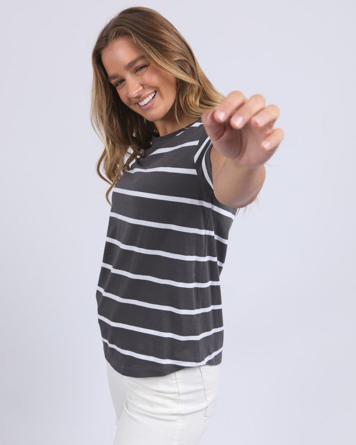 Foxwood Manly Charcoal and White Stripe T-shirt | Gretel Lane