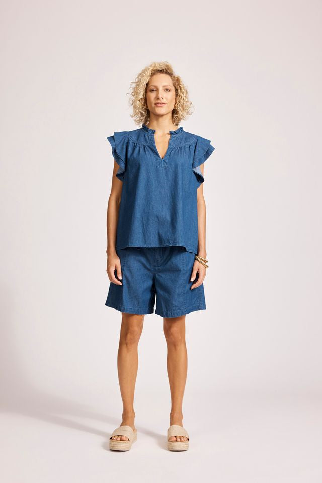 Melenia Denim Frill Top (Indigo)