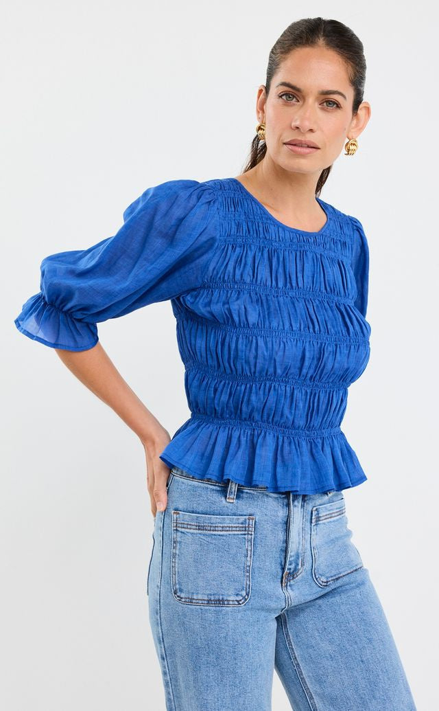 Melodic SS Shirred Body Top (Azure Blue)