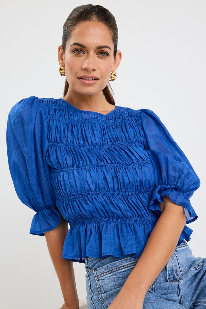 Melodic SS Shirred Body Top (Azure Blue)