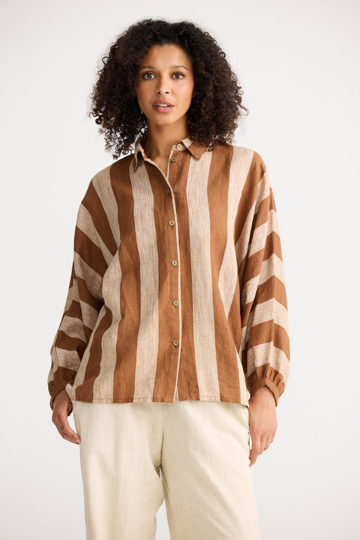 The Shanty Corporation Milano Linen Blend Shirt in Tan Stripe | Women's Clothing | Gretel Lane