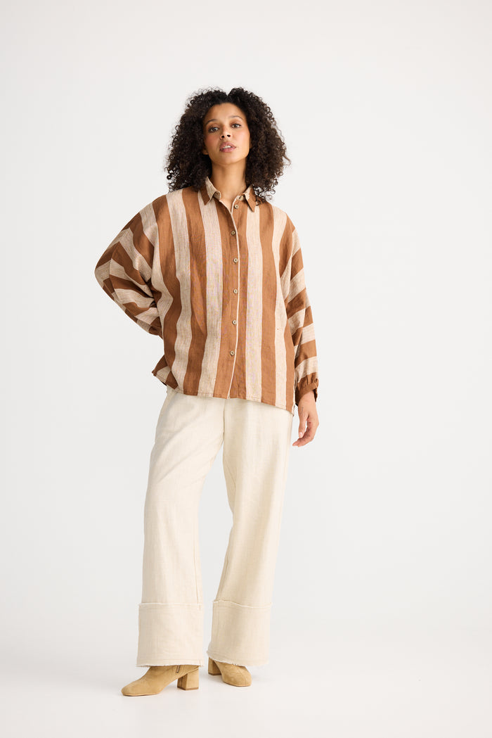 The Shanty Corporation Milano Linen Blend Shirt in Tan Stripe | Women's Clothing | Gretel Lane
