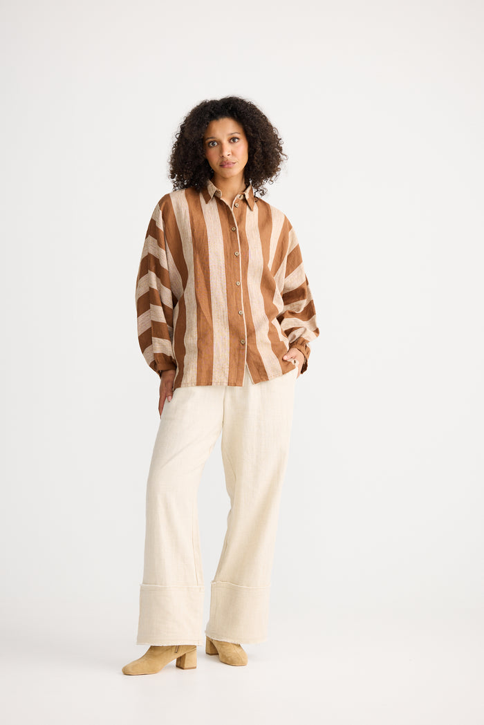 The Shanty Corporation Milano Linen Blend Shirt in Tan Stripe | Women's Clothing | Gretel Lane