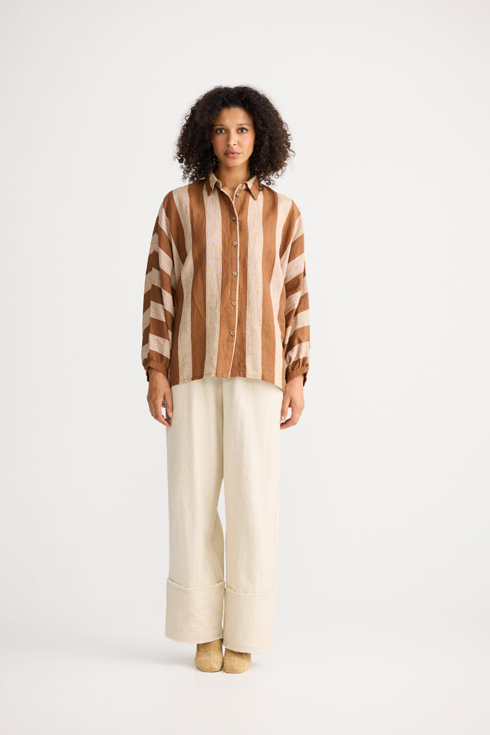 The Shanty Corporation Milano Linen Blend Shirt in Tan Stripe | Women's Clothing | Gretel Lane