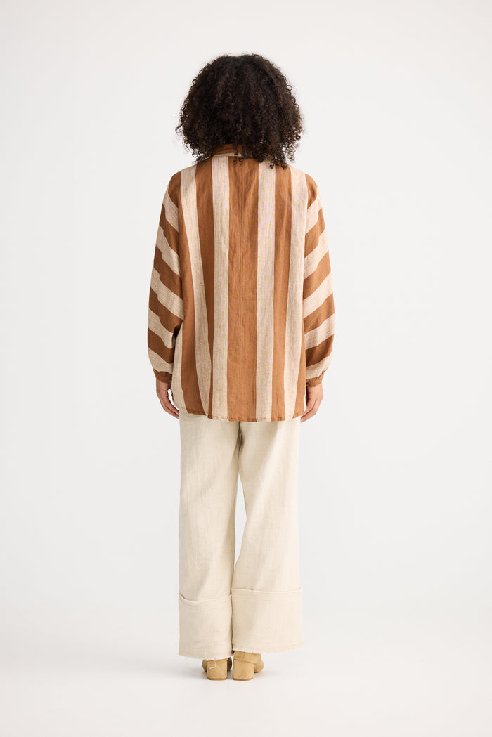 The Shanty Corporation Milano Linen Blend Shirt in Tan Stripe | Women's Clothing | Gretel Lane
