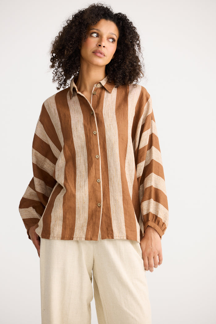 The Shanty Corporation Milano Linen Blend Shirt in Tan Stripe | Women's Clothing | Gretel Lane