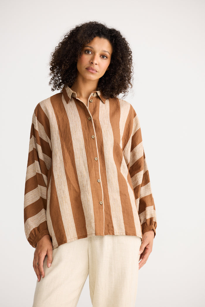 The Shanty Corporation Milano Linen Blend Shirt in Tan Stripe | Women's Clothing | Gretel Lane