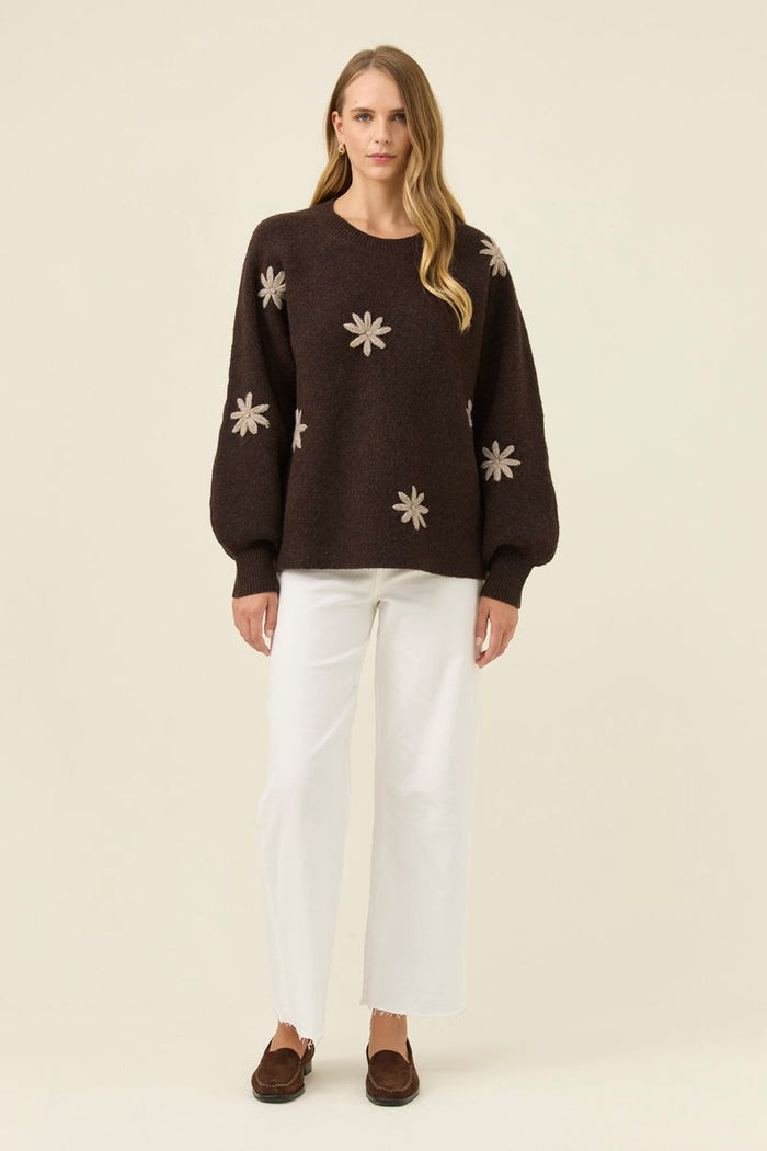 Isle of Mine Women's Miru Stitch Flower Brown Knit Jumper | Gretel Lane