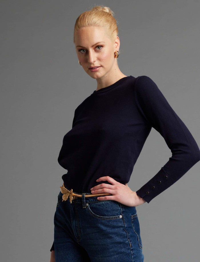 Women's Long Sleeve Knit Top - Navy | Fate & Becker