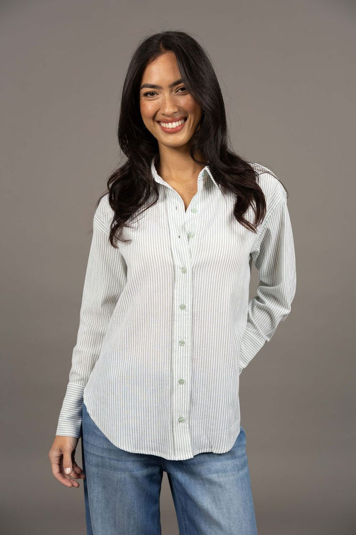 Humidity Women's Green Stripe Nala Button Through Shirt | Gretel Lane