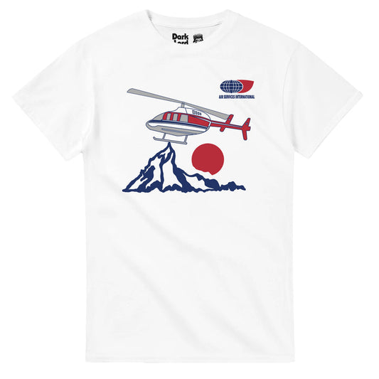 A white colored, vintage 80s style Air Services International t-shirt with an ASI logo - a navy globe with lines like from a map and a red tail - and a helicopter flying over a navy blue mountain landscape with a bright red sun setting. A replica of the shirt worn by actor Jon Heder as iconic main character Napoleon Dynamite in the 2004 comedic indie movie "Napoleon Dynamite" also starring Aaron Ruell and Jon Gries.