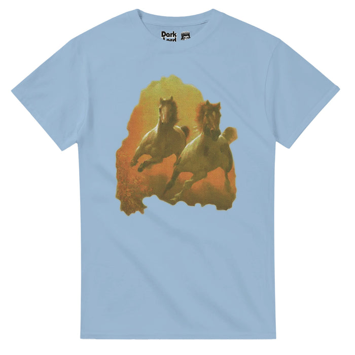 A baby blue colored vintage, 80s style t-shirt with two horses galloping on a background of hombre browns, oranges, and light greens, aesthetic as if it was a painted picture. A replica and reference to the shirt that actor Jon Heder wears as character Napoelon Dynamite in the 2004 comedic indie film, also named "Napoleon Dynamite".