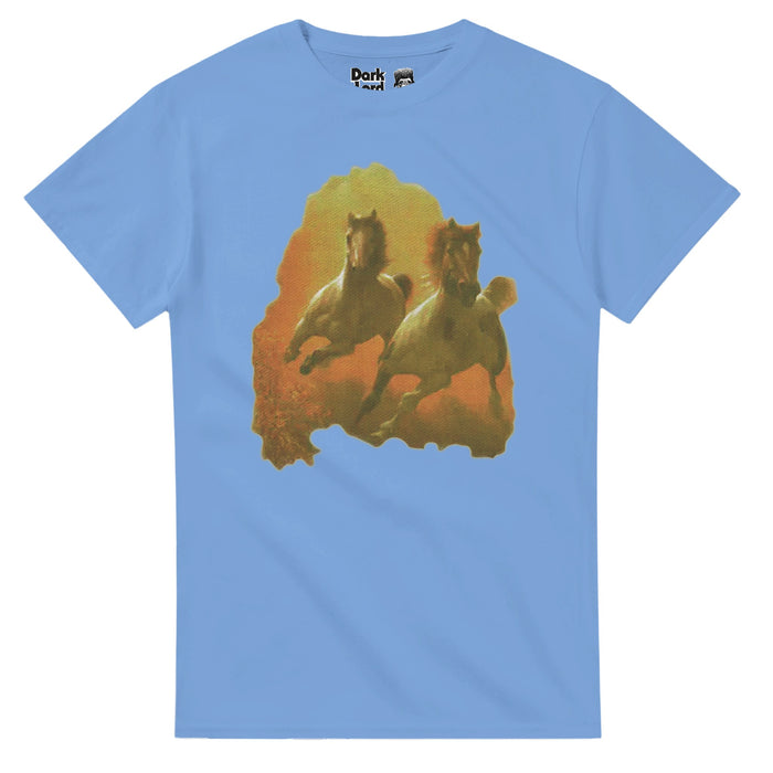 A light blue, vintage souvenir t-shirt and replica of the running horses shirt that movie character Napoleon Dynamite wears in the film by the same name, starring Jon Heder, Efren Ramirez, Jon Gries, and Tina Majorino. The shirt includes two horses galloping, their manes and tails flying out behind them, over an artistic background of browns, oranges, and light greens, akin to an impressionist painting.