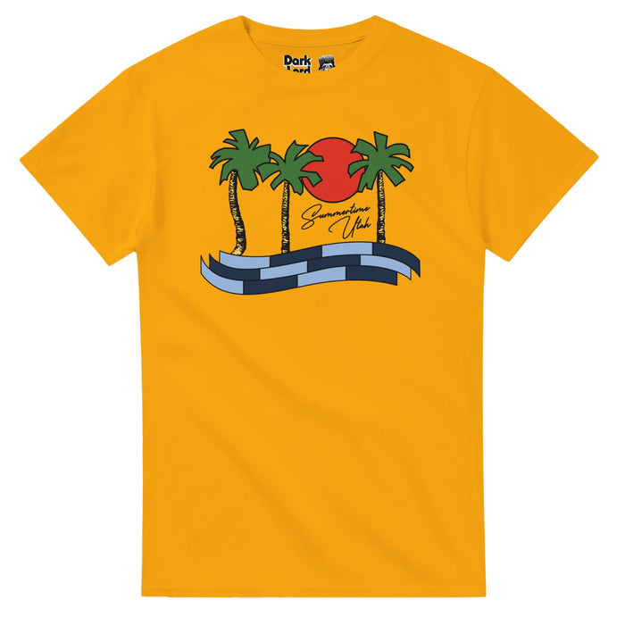 A vintage, souvenir mustard yellow colored t-shirt that says "Summertime Utah" in small cursive lettering surrounded by three palm trees, a red sun, and waves made up of light blue and navy blocks. References the shirt that main character Napoleon Dynamite (portrayed by Jon Heder, a famous actor) wore in the 2004 coming of age comedic film "Napoleon Dynamite".