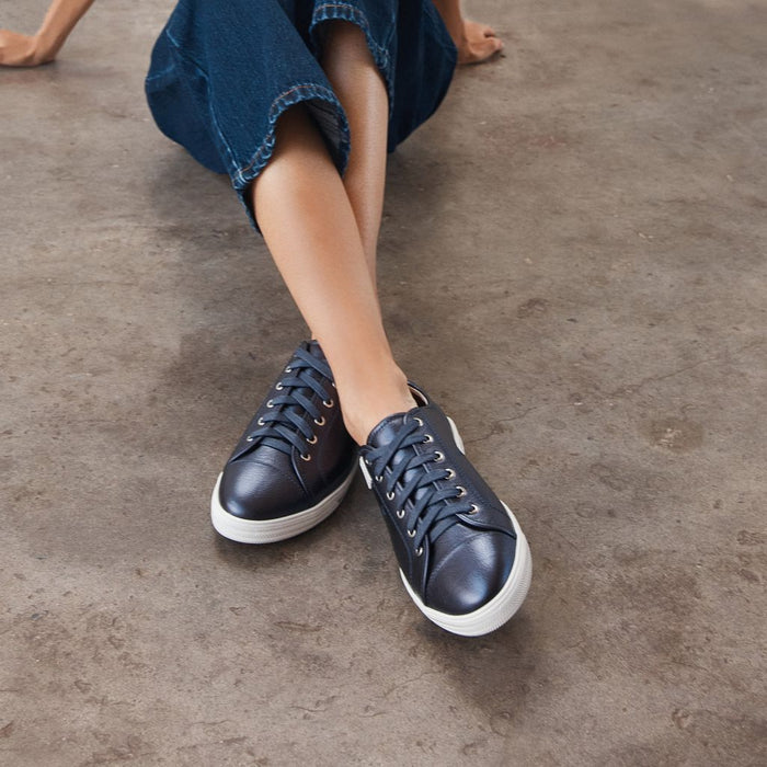 Navy Metallic Women's Leather Sneaker | Gretel Lane