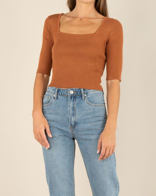 Natalia Ribbed Square Neck Knit Top Biscotti Brown