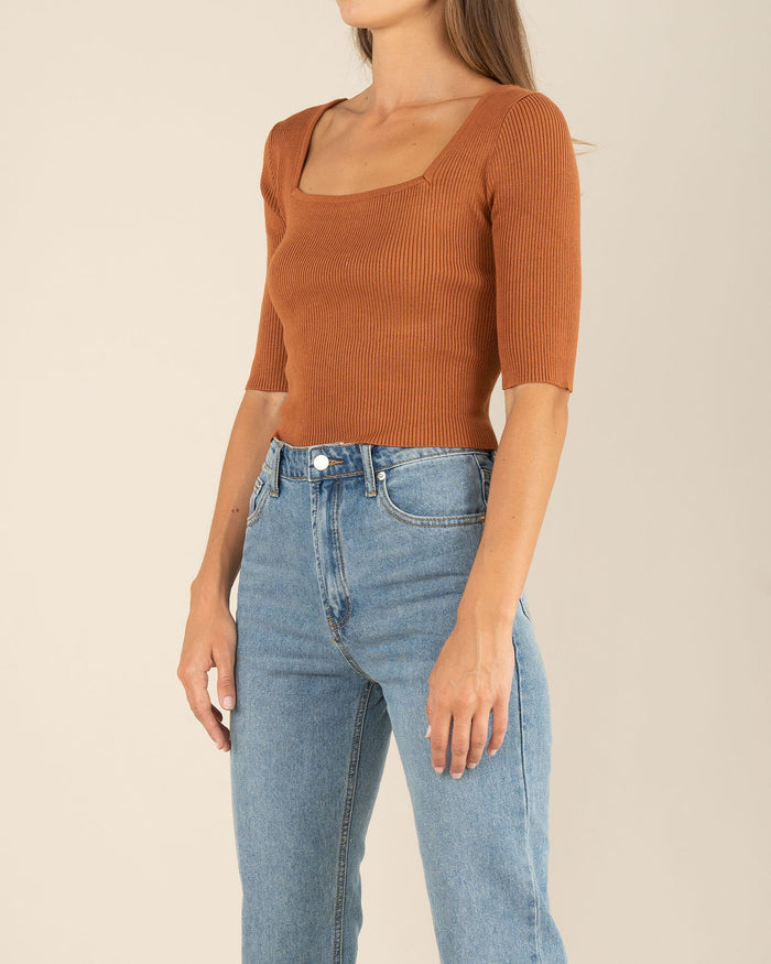 fitted rib knit top in Biscotti Brown | Amelius