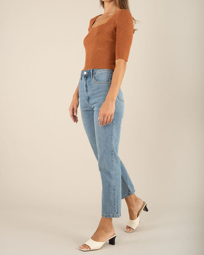 Amelius Square Neck Rib Knit Top Biscotti Brown