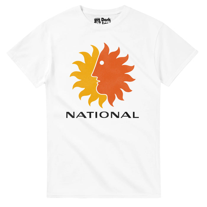 A white colored 80s style retro t-shirt with the "Sun King" logo including a yellow sun and an overlapping orange sun with a side profile, underneath which the shirt says "NATIONAL" in black text. References the iconic 1934-1980 National Airlines, one of the largest airlines in the United States, mostly headquartered in Miami, famous for its "Coast-to-coast-to-coast" flights, eventually merging with Pan Am Airlines in the 1980s.