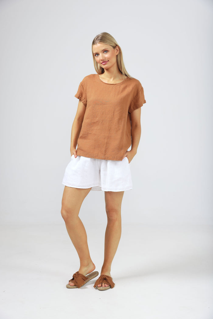 women’s linen t-shirt in a soft caramel tan | The Shanty Corporation