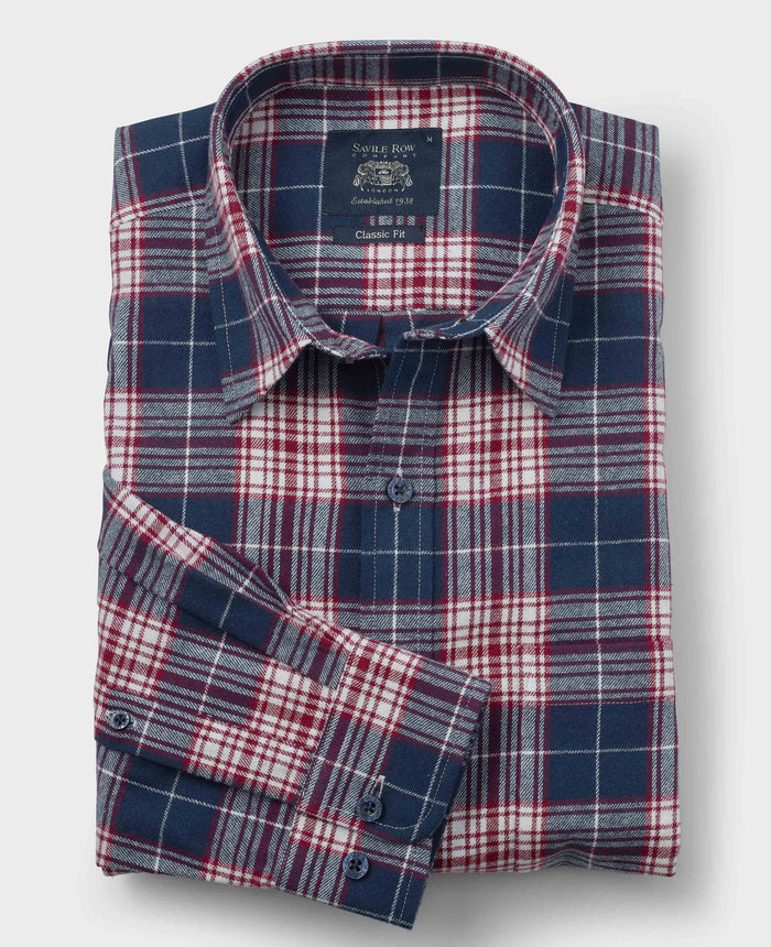 Men's Navy Burgundy Brushed Cotton Check Classic Fit Casual Shirt folded