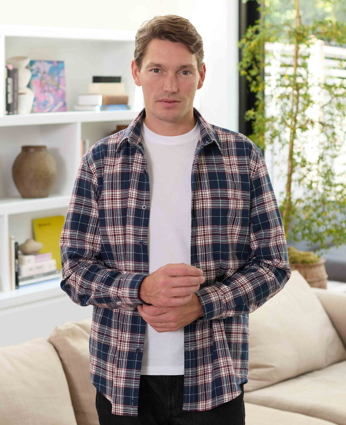 Men's Navy Burgundy Brushed Cotton Check Classic Fit Casual Shirt model shot