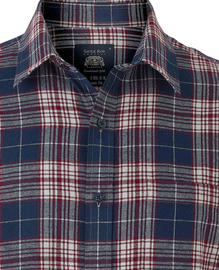 Men's Navy Burgundy Brushed Cotton Check Classic Fit Casual Shirt collar detail