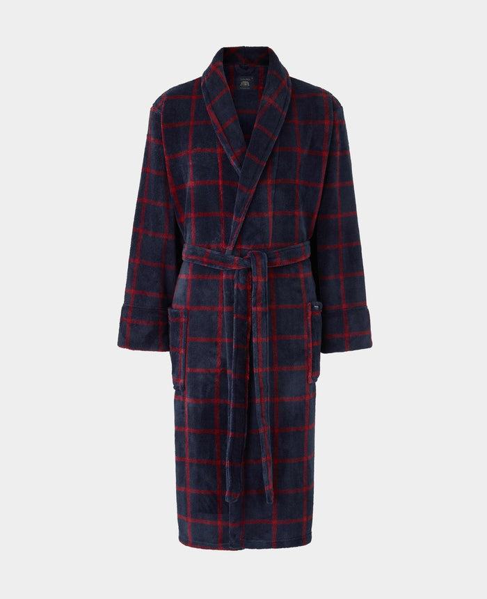 Men's Navy Burgundy Check Fleece Dressing Gown mannequin shot