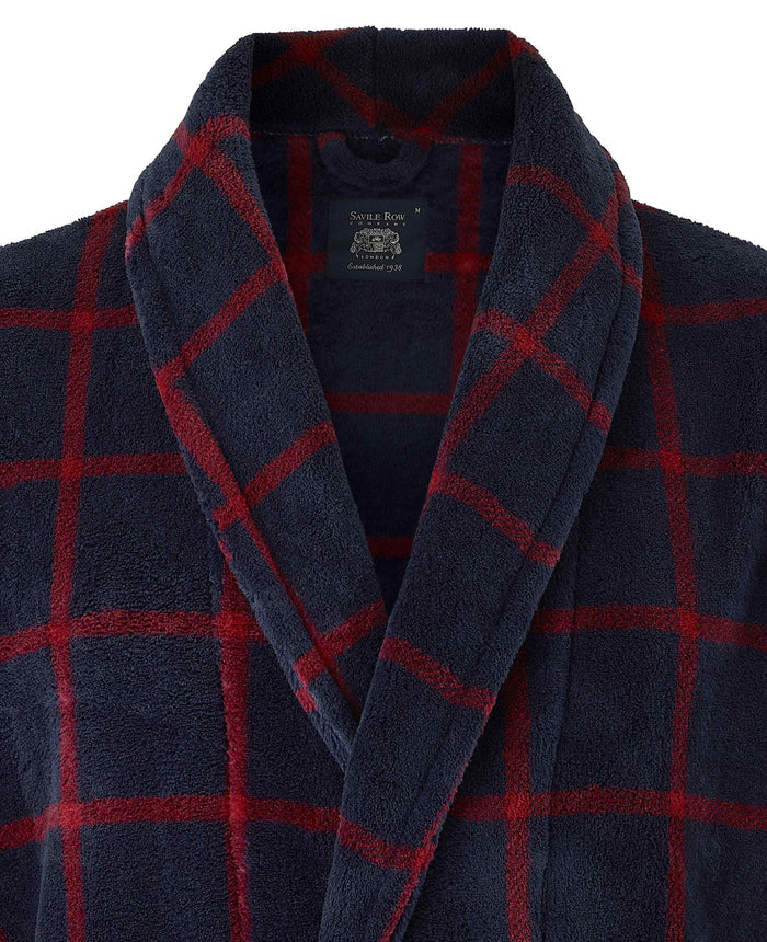 Men's Navy Burgundy Check Fleece Dressing Gown collar detail