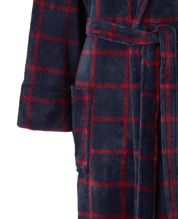 Men's Navy Burgundy Check Fleece Dressing Gown pocket detail