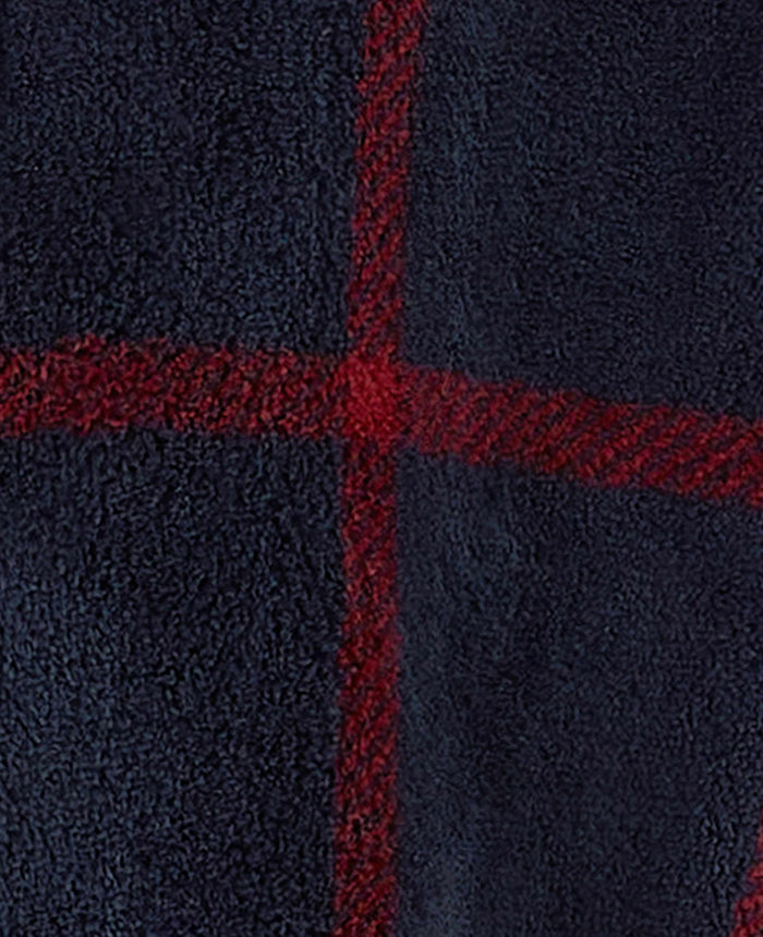 Men's Navy Burgundy Check Fleece Dressing Gown fabric detail