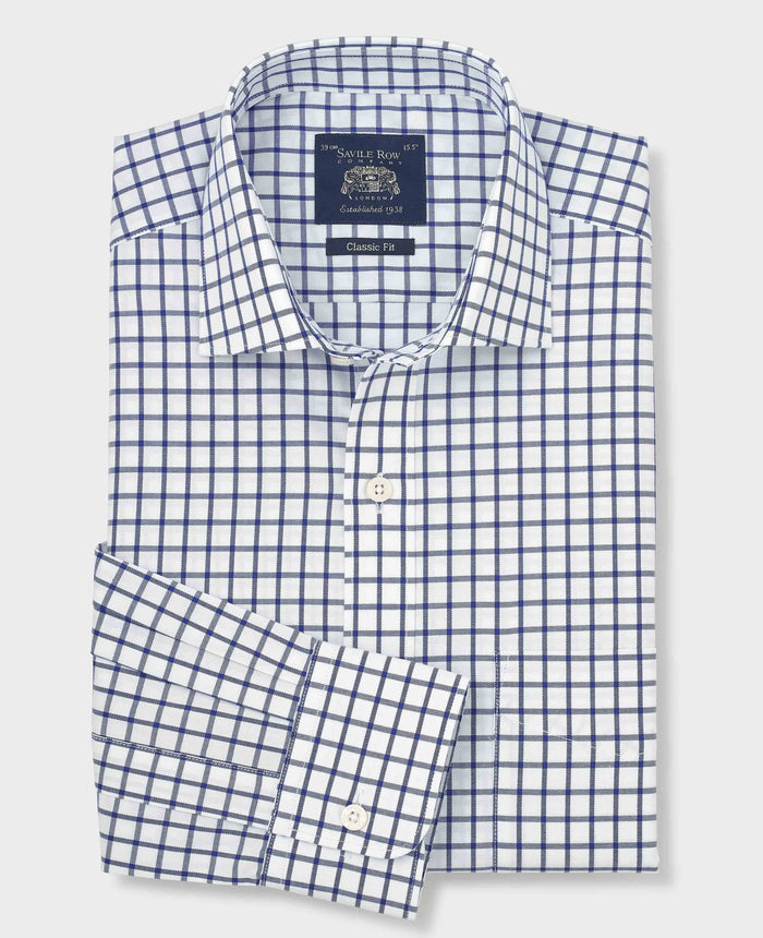Men's Navy Check Cotton Twill Classic Fit Formal Shirt With Single Cuffs folded shot