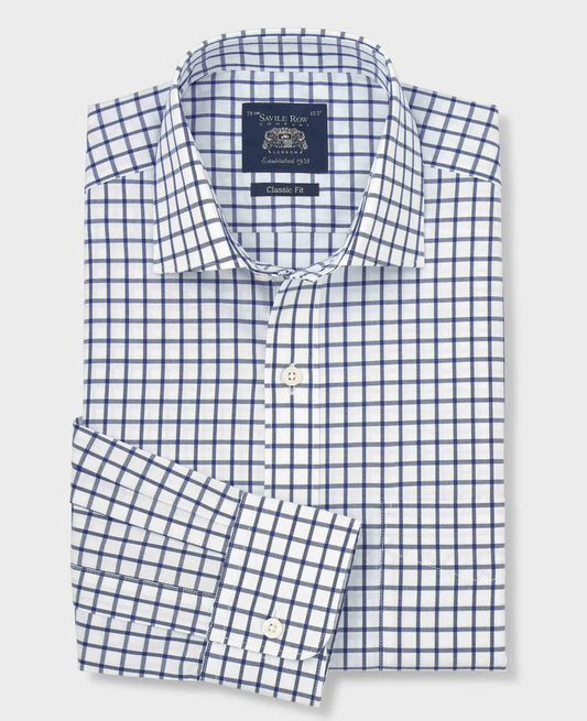 Men's Navy Check Cotton Twill Classic Fit Formal Shirt With Single Cuffs folded shot
