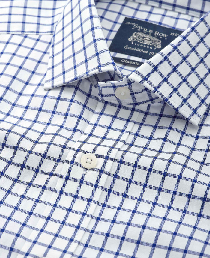 Men's Navy Check Cotton Twill Classic Fit Formal Shirt With Single Cuffs collar detail