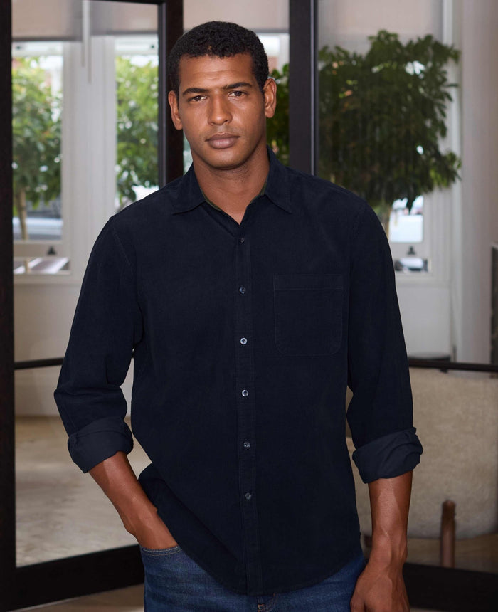 Men's Navy Cotton Babycord Classic Fit Casual Shirt model shot