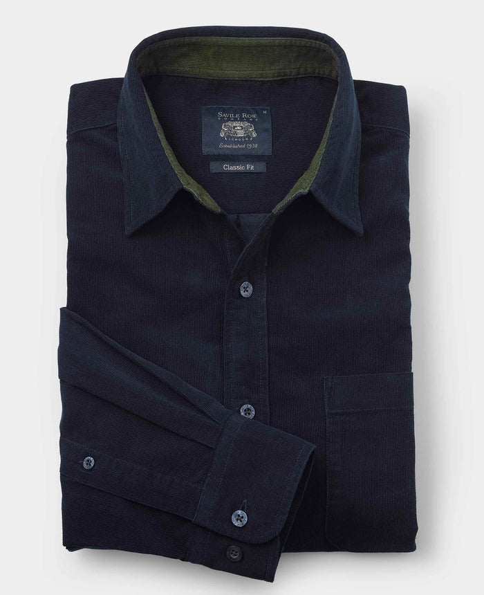 Men's Navy Cotton Babycord Classic Fit Casual Shirt folded