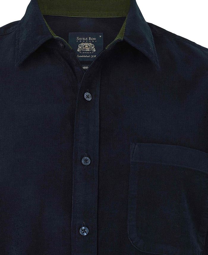 Men's Navy Cotton Babycord Classic Fit Casual Shirt collar detail